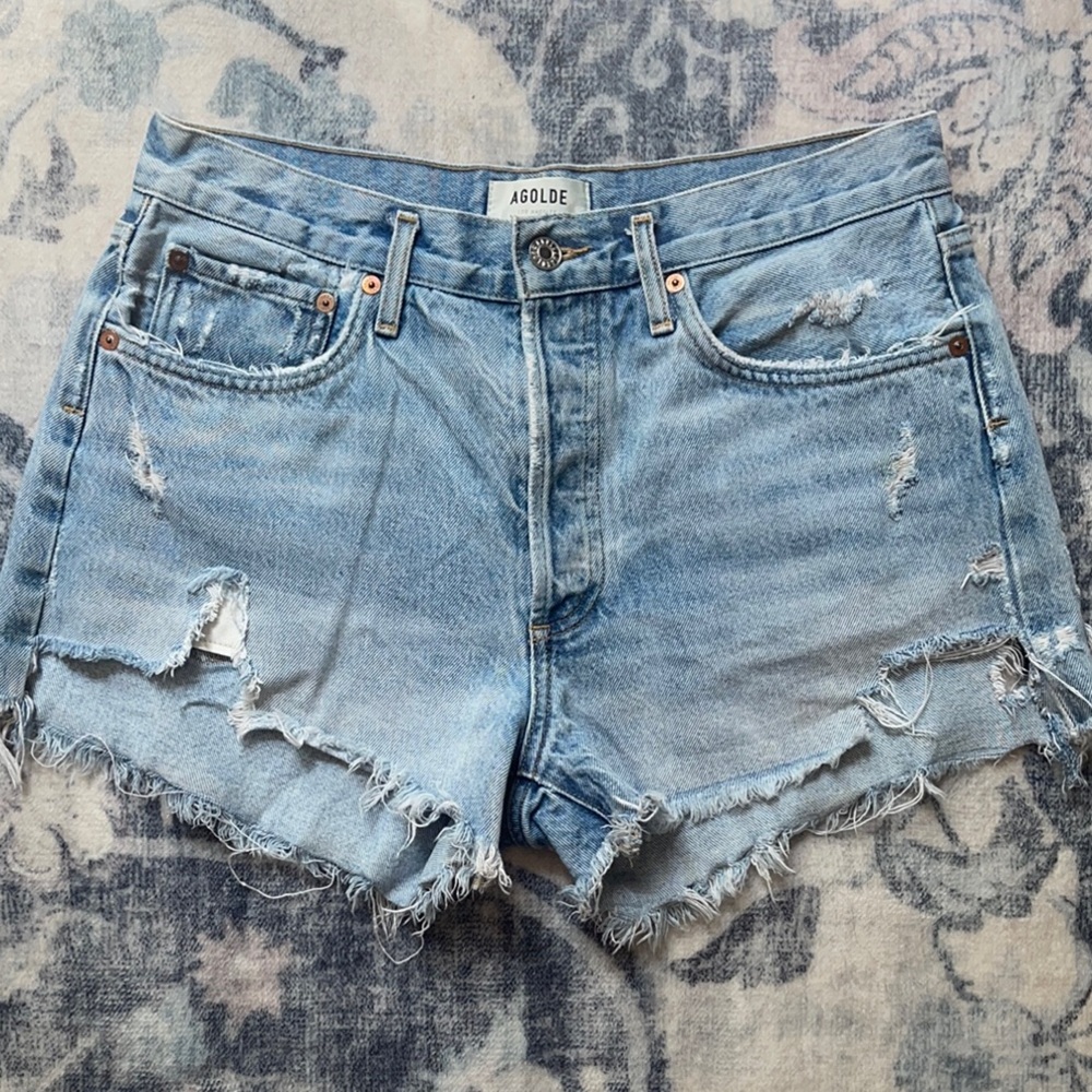 Agolde Blue Jean Shorts Distressed Raw Hem